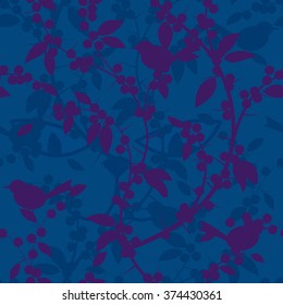 Seamless pattern of Blackthorn berries and birds. Vector illustration