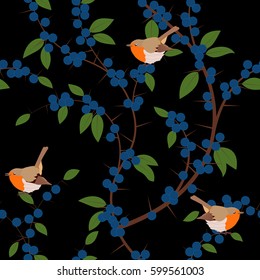 Seamless pattern of Blackthorn berries and robin birds