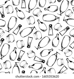 Seamless pattern. Black-white outline of cans, tubes of cream and soap. Suitable for decoration spa areas, beauty salons. For wrapping paper or fabric