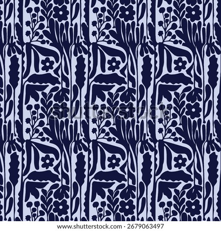 Seamless pattern blending folk art and botanical elegance. Inspired by Scandinavian design, this blue white floral motif reflects 2025 trends for natural harmony  simplified beauty in home decor