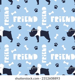 Seamless pattern with blind dog. Concept illustration about the adaptation of animals with physical disabilities. Love and compassion for pets. Handwritten lettering about friendship with animals.