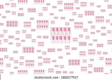 Seamless pattern with a blister pack of pink capsules isolated on white background, vector art illustration. Pharmaceutical seamless background for presentations. Vector illustration.