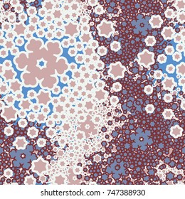 Seamless pattern. Blizzard. Individual snowflakes are viewed. Five-color palette.