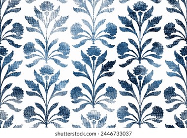 Seamless pattern block print batik vector ajrakh. Block Print, Batik Print, Indian Textile Background, Floral Background in indigo, denim texture. boho pattern. 