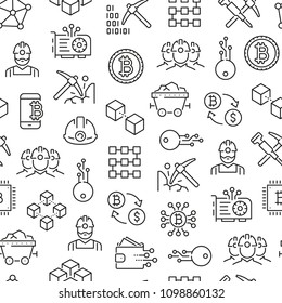 Seamless pattern with blockchain and cryptocurrency. Black and white thin line icons