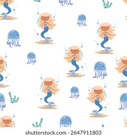Seamless pattern with a blonde mermaid and jellyfish
