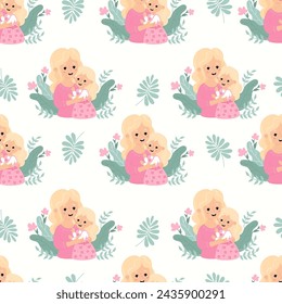 Seamless pattern with blonde woman mother with fair-haired daughter in pink on white background. Blonde Day, Mothers Day holiday. Vector illustration in flat cartoon style