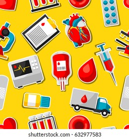 Seamless pattern with blood donation items. Medical and health care sticker objects.