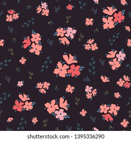 Seamless pattern with bloom pink meadow flowers and blue grass on a dark background. Botanical hand drawing pattern. Rustic vector print for textile, wall ard, card, gift wrapping