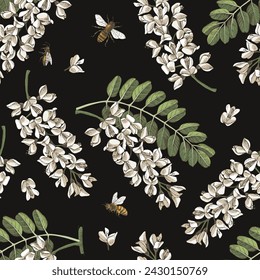 Seamless pattern with blooming acacia and honey bees