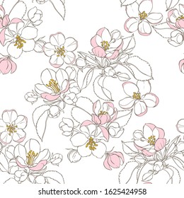 Seamless pattern with blooming apple tree branches on white. Floral vector background.