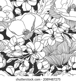 Seamless pattern of blooming apple tree and poppy flowers. Linear vector background