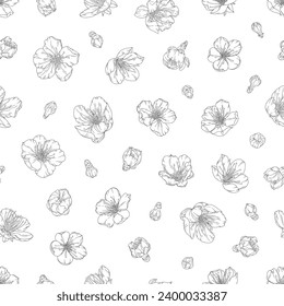 Seamless pattern with blooming apricot flowers and buds. Vector illustration of spring fruit tree blossom. Floral print in modern line art style