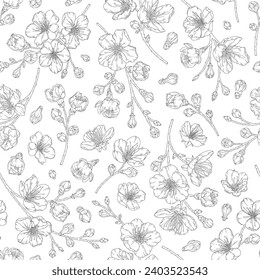 Seamless pattern with blooming apricot flowers, buds, branches. Vector illustration of spring fruit tree blossom. Floral print in modern line art style