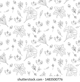 Seamless pattern of blooming black and white contours lilies flowers with leaves and buds. Hand-drawn for your design in a romantic style.