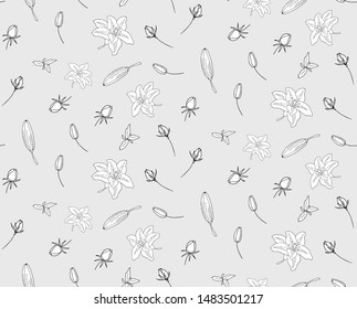 Seamless pattern of blooming black and white contours lilies flowers with leaves and buds. Hand-drawn on grey for your design in a romantic style.