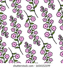 Patrón sin inconvenientes con una rama florida sobre un fondo blanco dibujado a mano de doodle flores.Ilustración vectorial de una flor. Esbozar elemento para diseño gráfico y web.