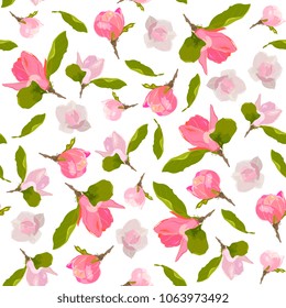 Seamless pattern of blooming branches magnolia, vector illustration on white background.Perfect for invitation and holiday greeting cards. hand drawing, vector illustration