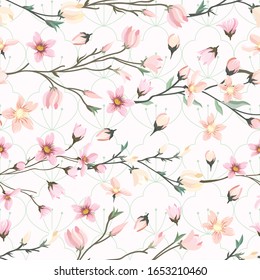 Seamless pattern with blooming branches. Pink flowering
