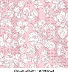 Seamless pattern with blooming branches of quince and apple tree on  texture background. Floral vector background.
