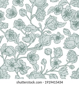 Seamless pattern of blooming buds of jasmine flower on white background. Elegant floral repeatable backdrop for printing. Flowery texture for decoration. Hand-drawn vector illustration