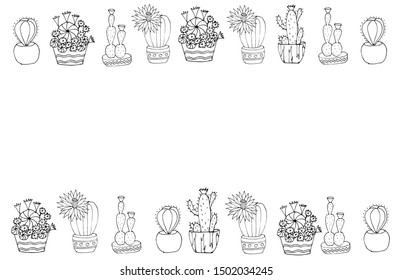 Seamless pattern of blooming cacti in black and white color. Hand drawn sketch. Beautiful card