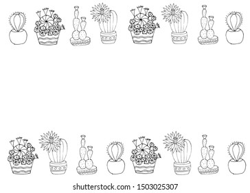 Seamless pattern of blooming cacti in black and white color. Hand drawn sketch. Beautiful card