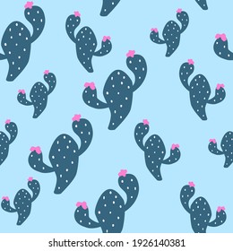 Seamless pattern with blooming cacti on a blue background vector illustration. Texture with tropical plants for cover prints, fabrics, textiles, wallpapers.