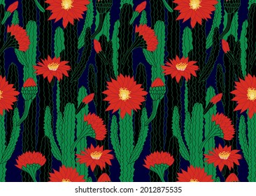 seamless pattern of blooming cactus. Minimalistic dark print. Vector illustration.
