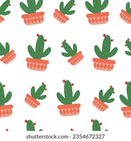 Patrón sin brillo Cactus en una olla con un ornamento, ilustración vectorial.