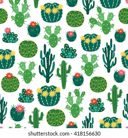 Seamless pattern with blooming cactuses on white background. Perfect for botanical books, flower shops, Mexican decorations, wallpaper, textile, web page background. Vector illustration.