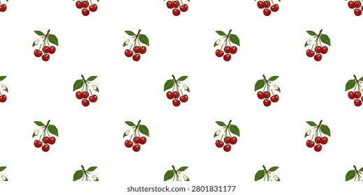 seamless pattern with blooming cherry and red berries