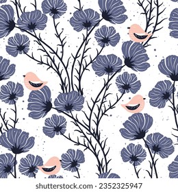 Patrón sin foco con ramas de cosmea y aves florecientes. Silueta de vida silvestre, fondo floral pastel. Ilustración dibujada a mano vectora, jardín al estilo folk.