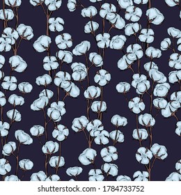 Patrón sin foco de algodón en floración. Ilustración vectorial dibujada a mano. Tinta botánica fondo de fondo en estilo vintage Diseño de color brillante para papel de pared, impresión, tarjeta, textil, envoltura, tela