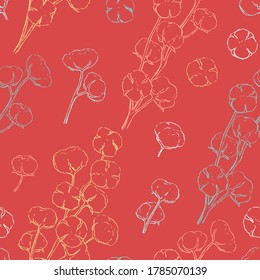 Seamless pattern of blooming cotton. Hand drawn vector illustration. Botanical sketches background in vintage style. Abstract colored design for wallpaper, print, card, texture, textile, wrap, fabric.