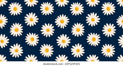 Seamless pattern with blooming daisies. Chamomile vector floral illustration for postcard, poster, fabric, wrapping paper, decor etc. Flowers for spring and summer holidays.