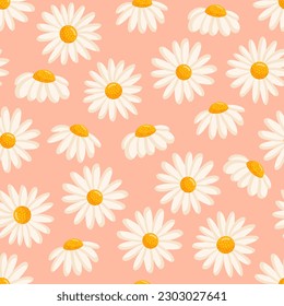 Seamless pattern with blooming daisies. Chamomile vector floral illustration for postcard, poster, fabric, wrapping paper, decor etc. Flowers for spring and summer holidays.