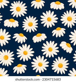 Seamless pattern with blooming daisies. Chamomile vector floral illustration for postcard, poster, fabric, wrapping paper, decor etc. Flowers for spring and summer holidays.