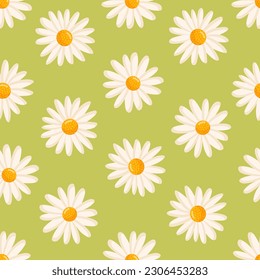 Seamless pattern with blooming daisies. Chamomile vector floral illustration for postcard, poster, fabric, wrapping paper, decor etc. Flowers for spring and summer holidays.