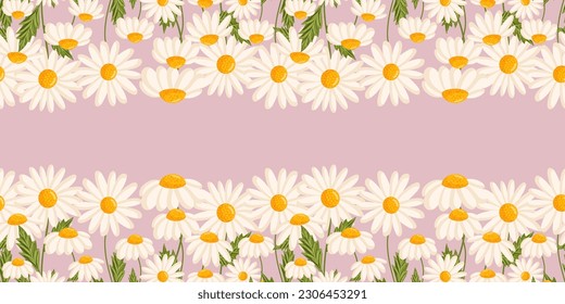 Nahtloses Muster mit blühenden Gänseblümchen. Kamille Vektorgrafik für Postkarten, Poster, Stoff, Umhüllungspapier, Dekoration usw. Blumen für Frühling- und Sommerferien.