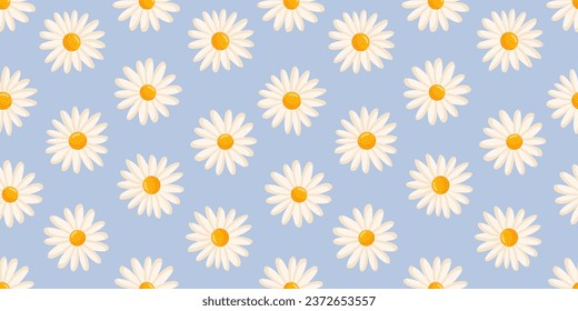 Patrón sin foco con mareas florecientes. Ilustración floral vectorial Chamomile para postales, afiches, tela, papel envolvente, decoración, etc. Flores para vacaciones de primavera y verano.