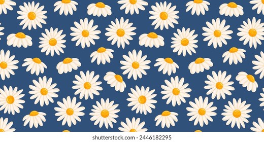 Seamless pattern with blooming daisies. Chamomile vector floral illustration for postcard, poster, fabric, wrapping paper, decor etc. Flowers for spring and summer holidays.