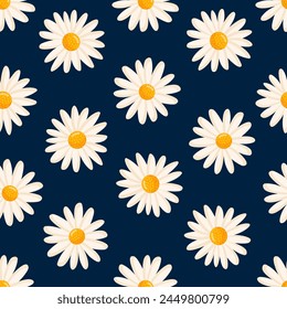Seamless pattern with blooming daisies. Chamomile vector floral illustration for postcard, poster, fabric, wrapping paper, decor etc. Flowers for spring and summer holidays.