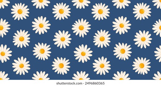 Patrón sin fisuras con margaritas en flor. Ilustración floral de Vector de manzanilla para postal, póster, tela, papel de regalo, decoración, etc. Flores para las vacaciones de primavera y verano.