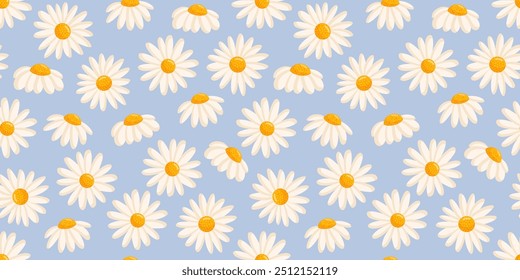 Patrón sin fisuras con margaritas en flor. Ilustración floral de Vector de manzanilla para postal, póster, tela, papel de regalo, decoración, etc. Flores para las vacaciones de primavera y verano.