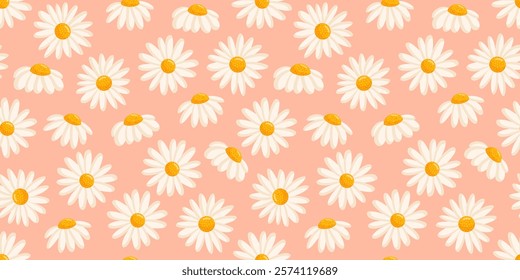 Seamless pattern with blooming daisies. Chamomile vector floral illustration for postcard, poster, fabric, wrapping paper, decor etc. Flowers for spring and summer holidays.