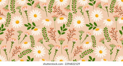 Seamless pattern with blooming daisies and field plants. Vector floral illustration with chamomile for postcard, poster, fabric, wrapping paper, decor, etc. Flowers for spring and summer holidays.