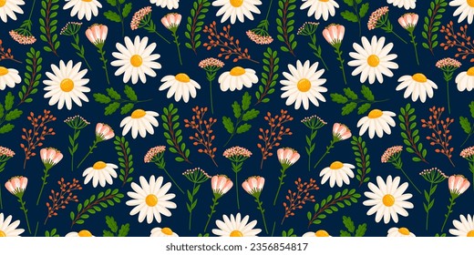 Seamless pattern with blooming daisies and field plants. Vector floral illustration with chamomile for postcard, poster, fabric, wrapping paper, decor, etc. Flowers for spring and summer holidays.