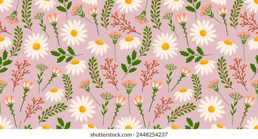 Nahtloses Muster mit blühenden Gänseblümchen und Feldpflanzen. Vektorgrafik florale Illustration mit Kamille für Postkarte, Poster, Stoff, Packpapier, Dekor, etc. Blumen für Frühlings- und Sommerferien.