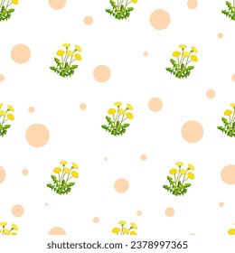 Patrón sin foco de los dientes de león en flor sobre fondo blanco. Ilustración vectorial de hierbas para ropa de bebé, papel tapiz, papel de envoltura.